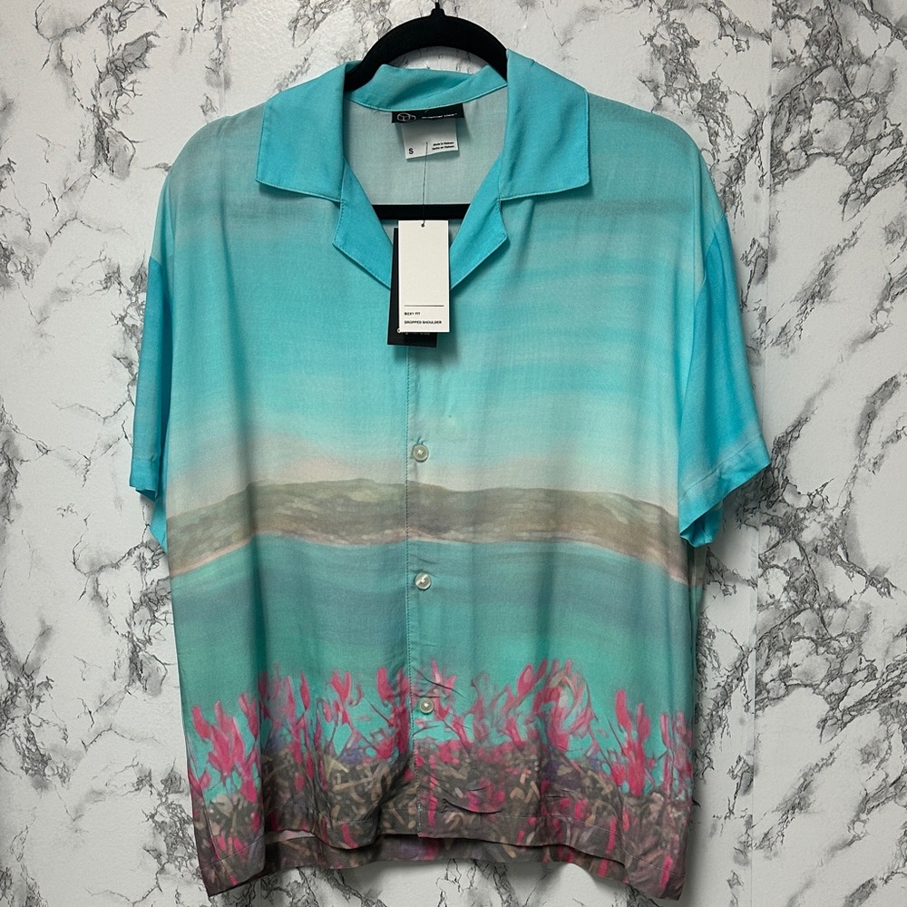 Original Use Men's Turquoise Patterned Short-Sleeve Button Shirt Boxy Fit Size S - Picture 2 of 12
